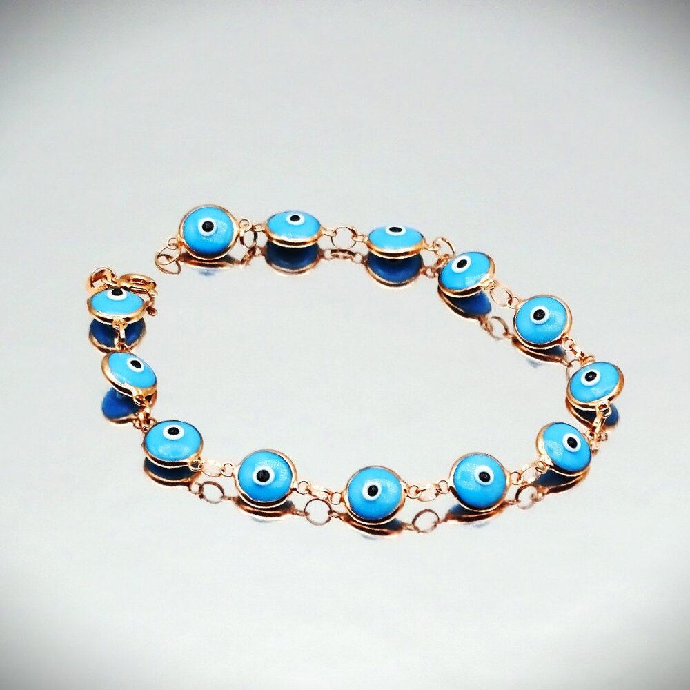 SAVVY CIE JEWELRY Sterling Silver Rose Gold Plated Blue Enamel Evil Eye Bracelet